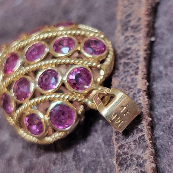 14k gold puff heart pendent filigree reversible Saphires & Rubies 15" 14k chain - Picture 9 of 10